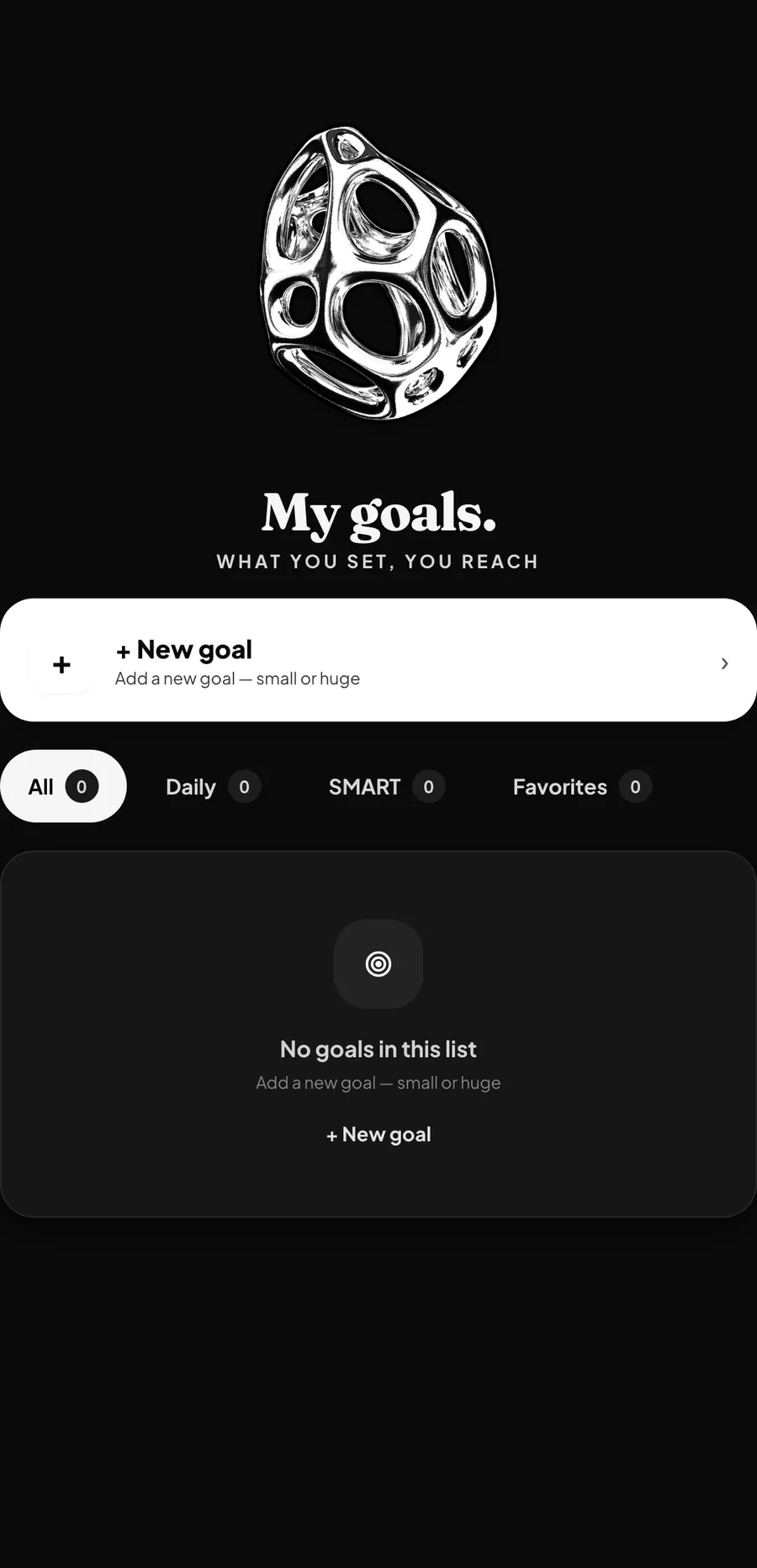 Mirrify goal view, where a big wish breaks into small trackable steps