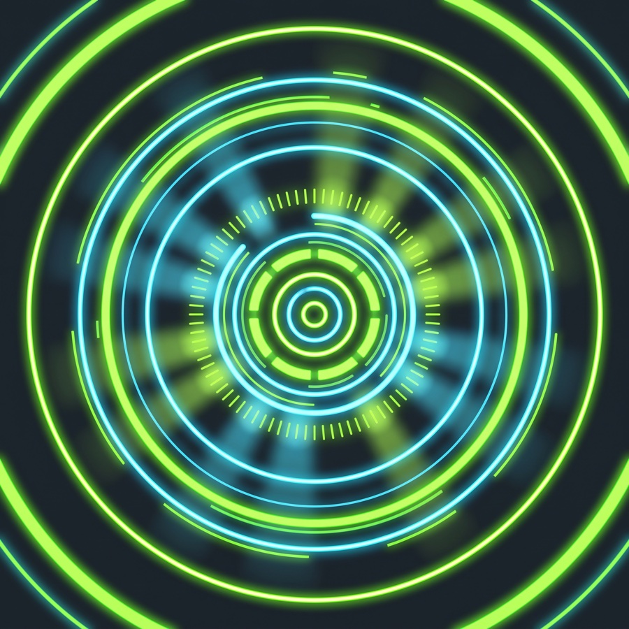 Neon lines converging on a single sharp point of light on black — scattered attention pulled together
