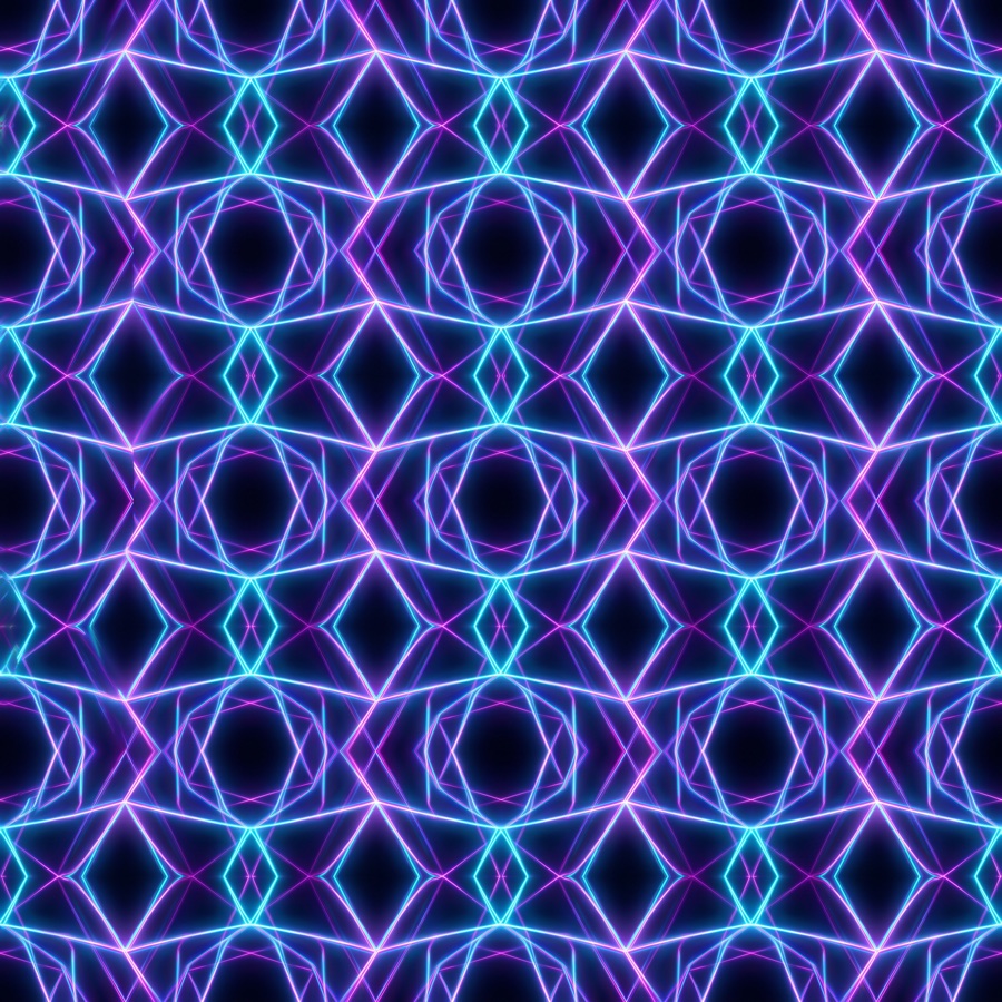Neon kaleidoszkóp-minta fekete háttéren — a visszatérő minták felismerését idéző kép