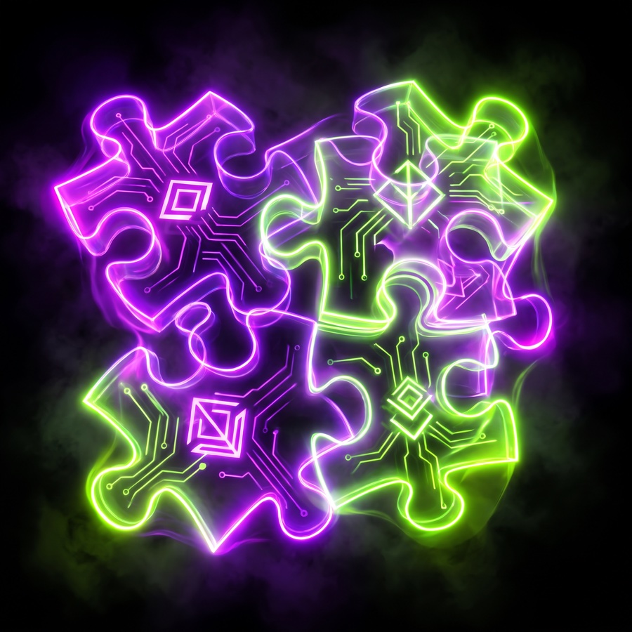 Neon puzzle-darabok összeilleszkedve — a szétszórt eszközök összekötését idéző kép