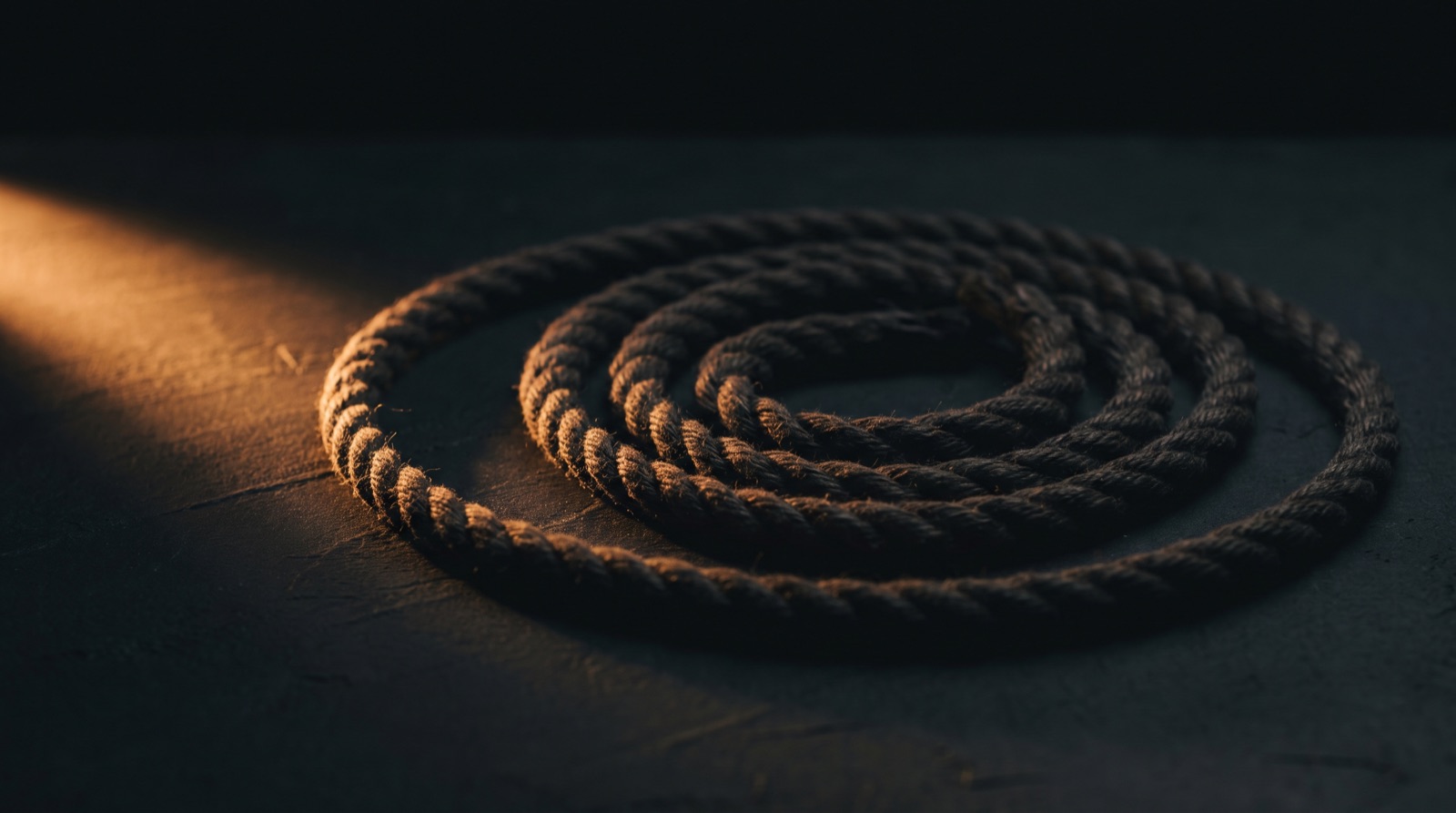 حبل داكن ملفوف في حلزون يضيق نحو الداخل على سطح أسود