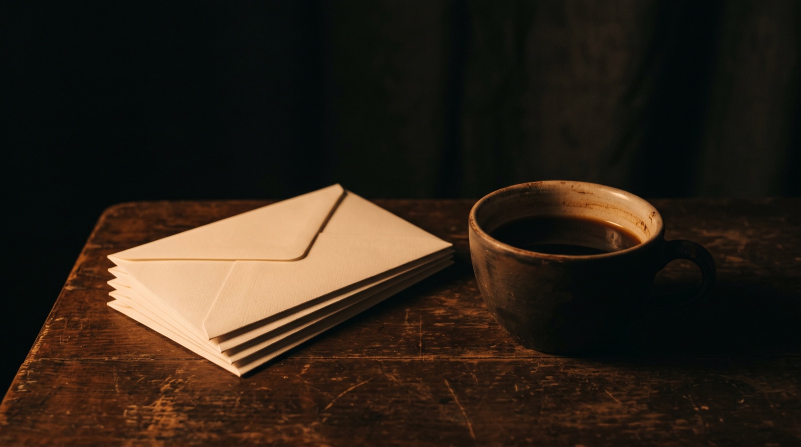 Un mucchio di lettere non aperte su un tavolo scuro, accanto una tazza fredda
