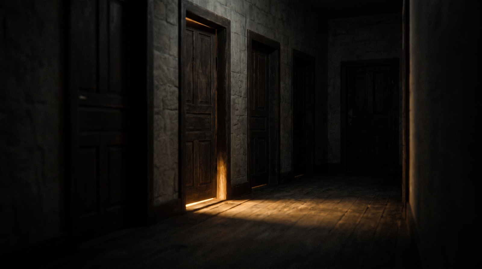 Quattro porte chiuse in un corridoio buio, con luce solo sotto una
