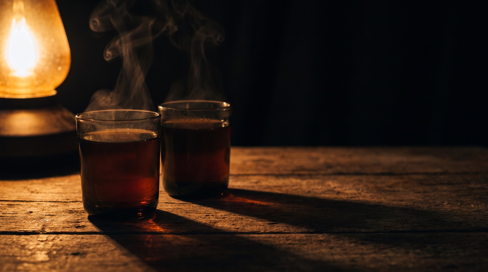 Two glasses of tea on a dark table, steam rising from both