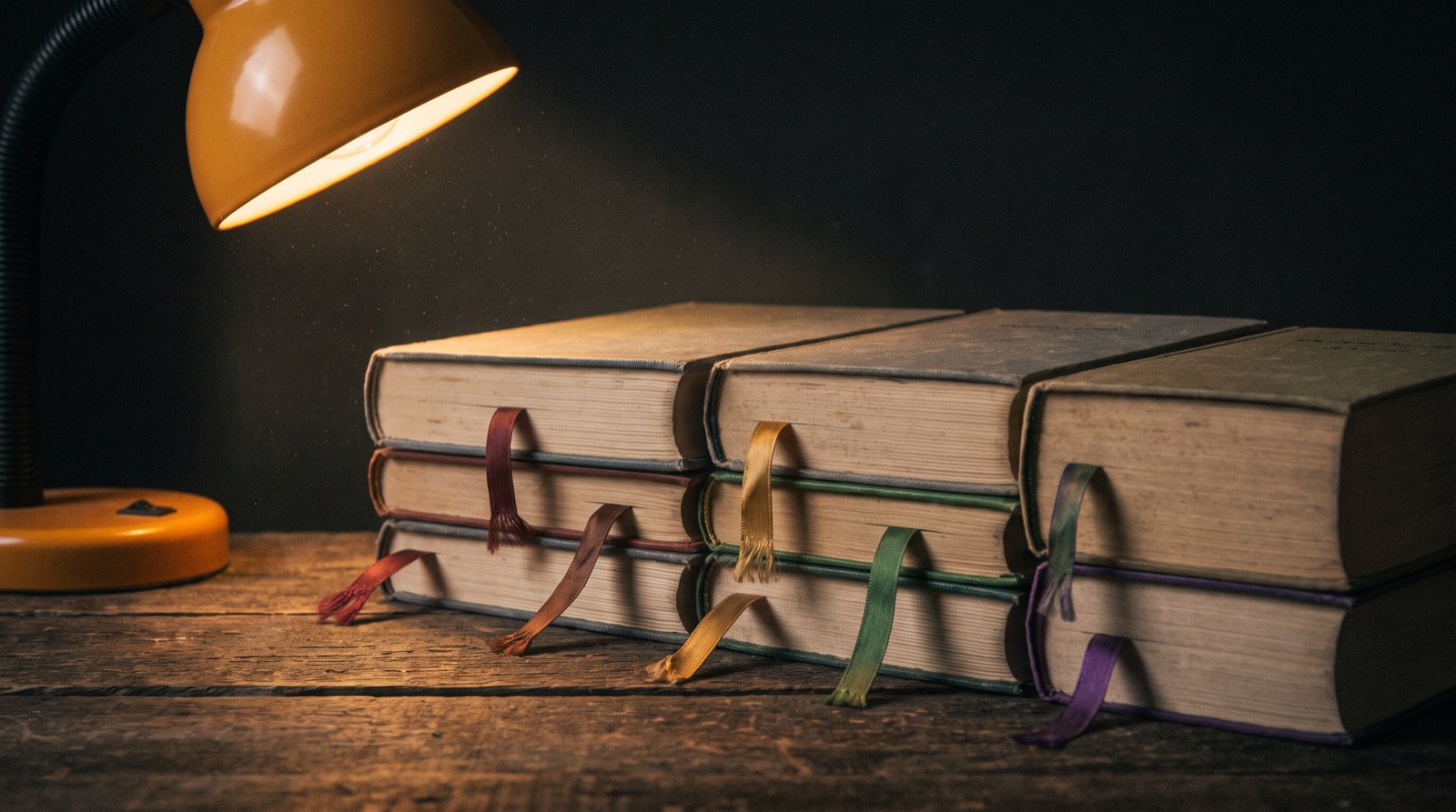 Drei dicke, gestapelte Bücher mit bunten Lesebändchen im Licht einer Schreibtischlampe