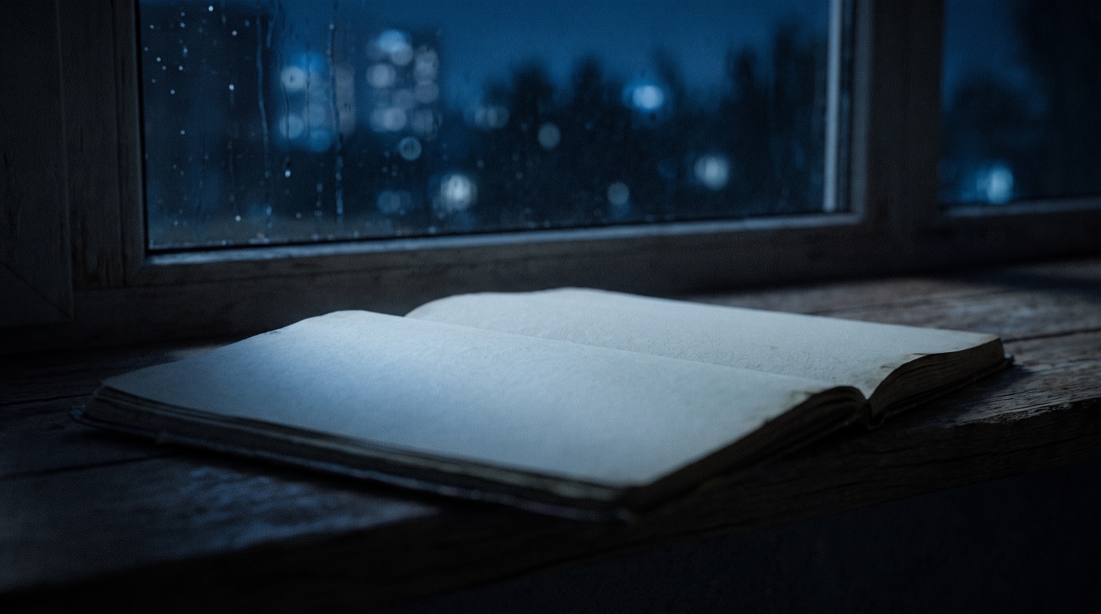 Otwarty pusty notes na ciemnym parapecie, w nocnym świetle