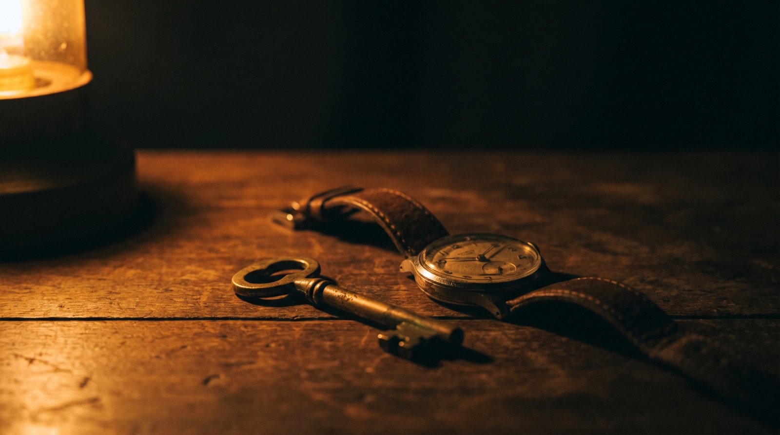Una chiave e un orologio da polso su un tavolo scuro