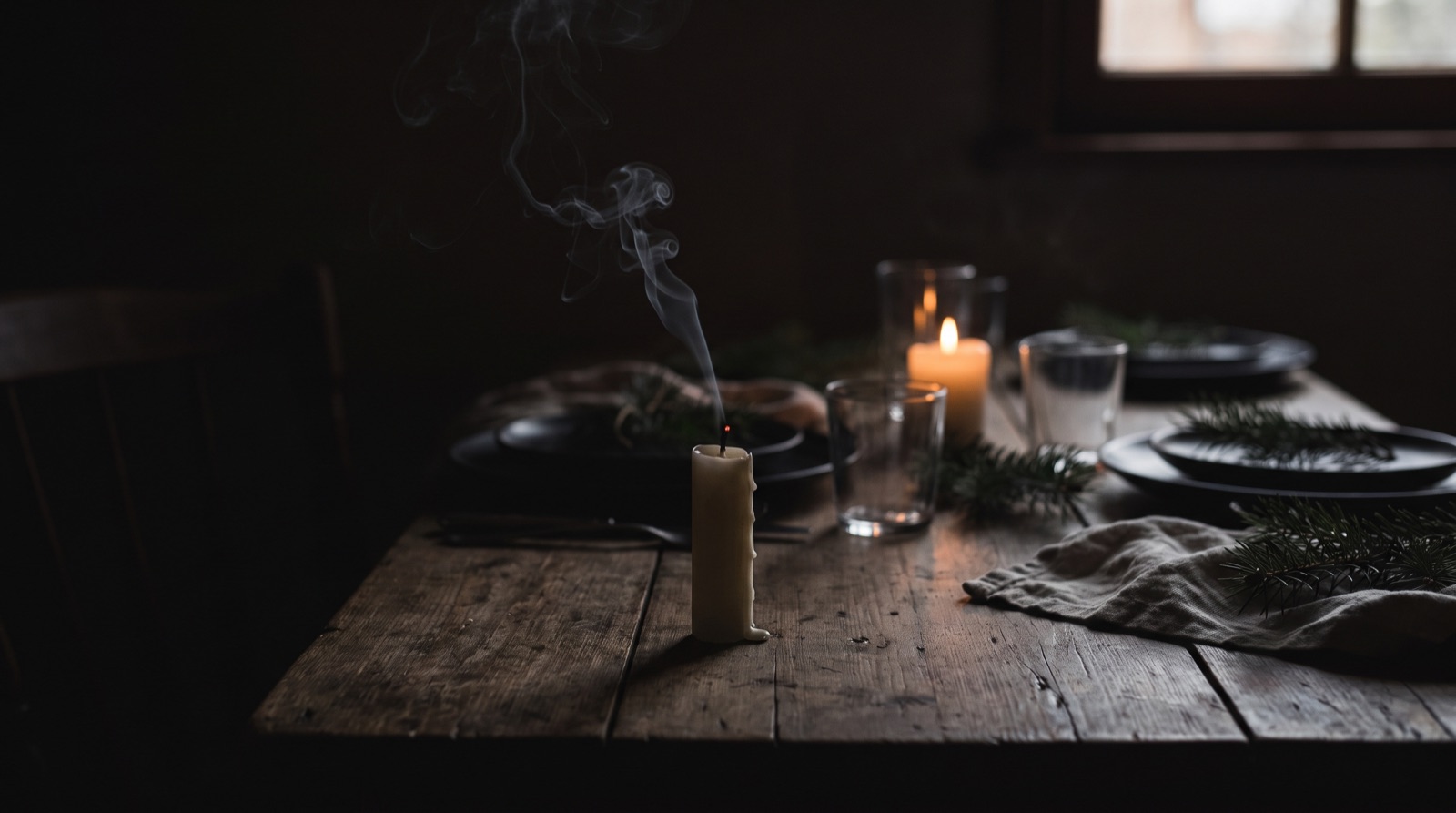 Tavola festiva al buio con una candela appena spenta