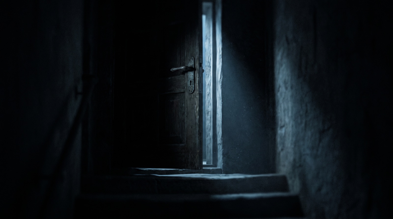 Una porta socchiusa in una tromba delle scale buia, dietro una luce fredda
